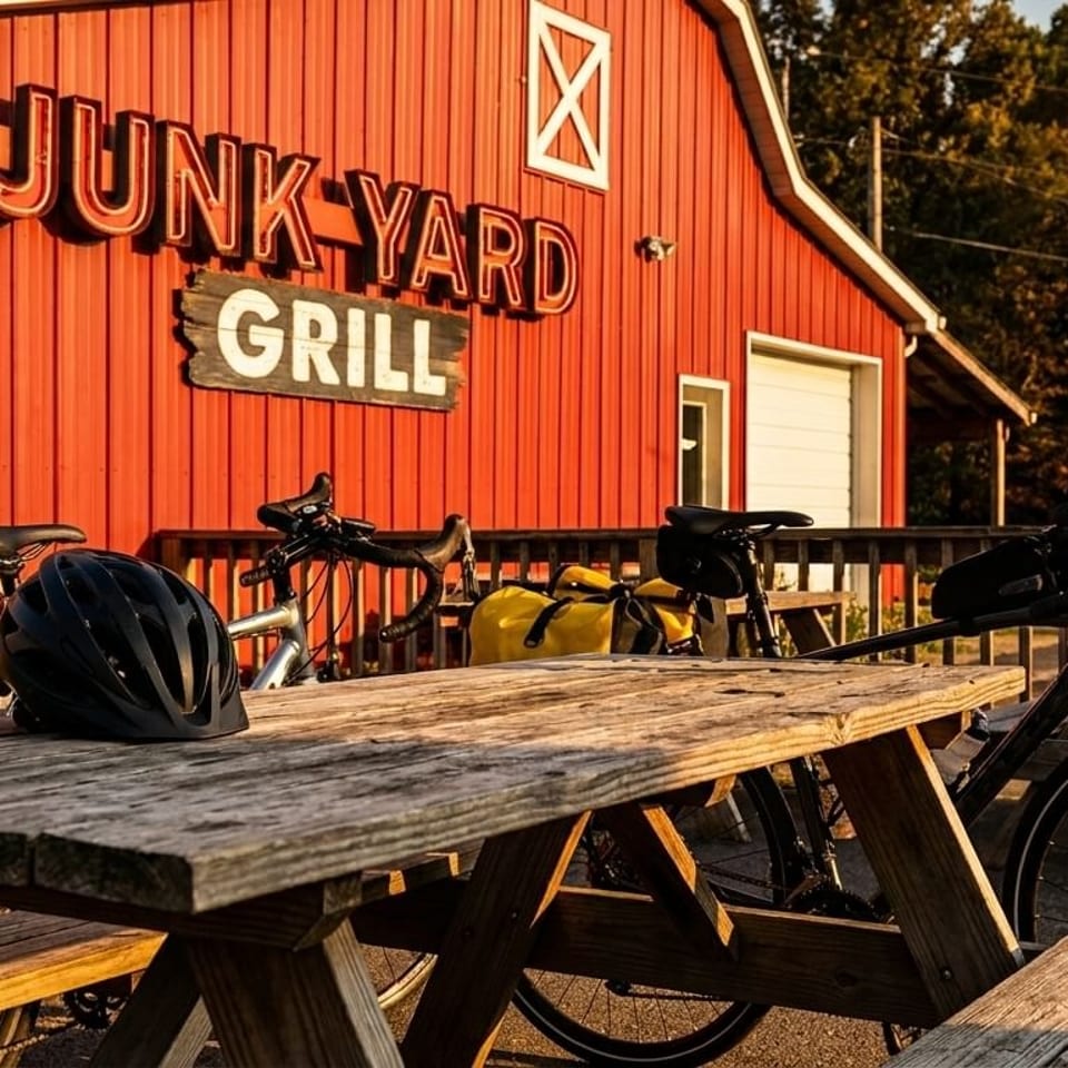 Bicycles and picnic tables outside the red barn-style "Junk-Yard Grill" restaurant.